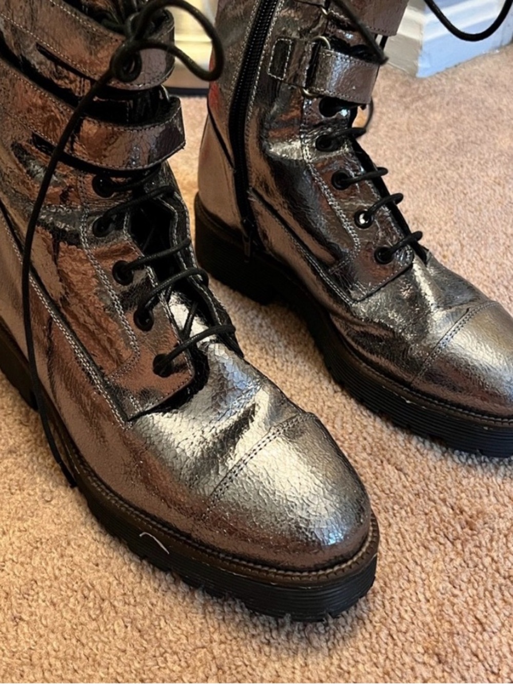 Shellys London Metallic Silver/Pewter Lace-Up Combat Boots - 8